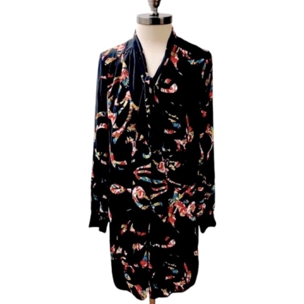 HALOGEN Geometric Shift Dress Women’s SZ X-Small Tie Front Pleat Long Sleeve